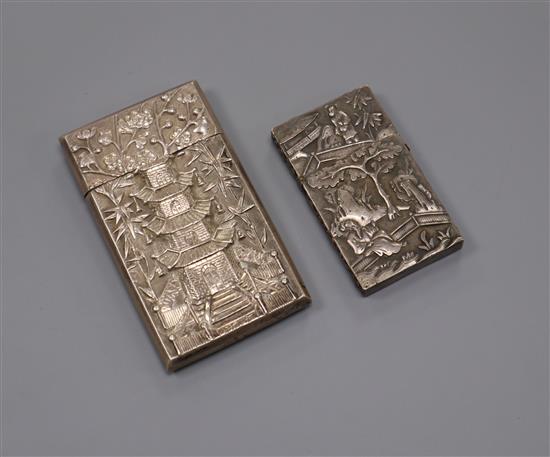 A 19th century Chinese export white metal card case, maker, SS and a Chinese white metal pencil? case, largest 8cm.